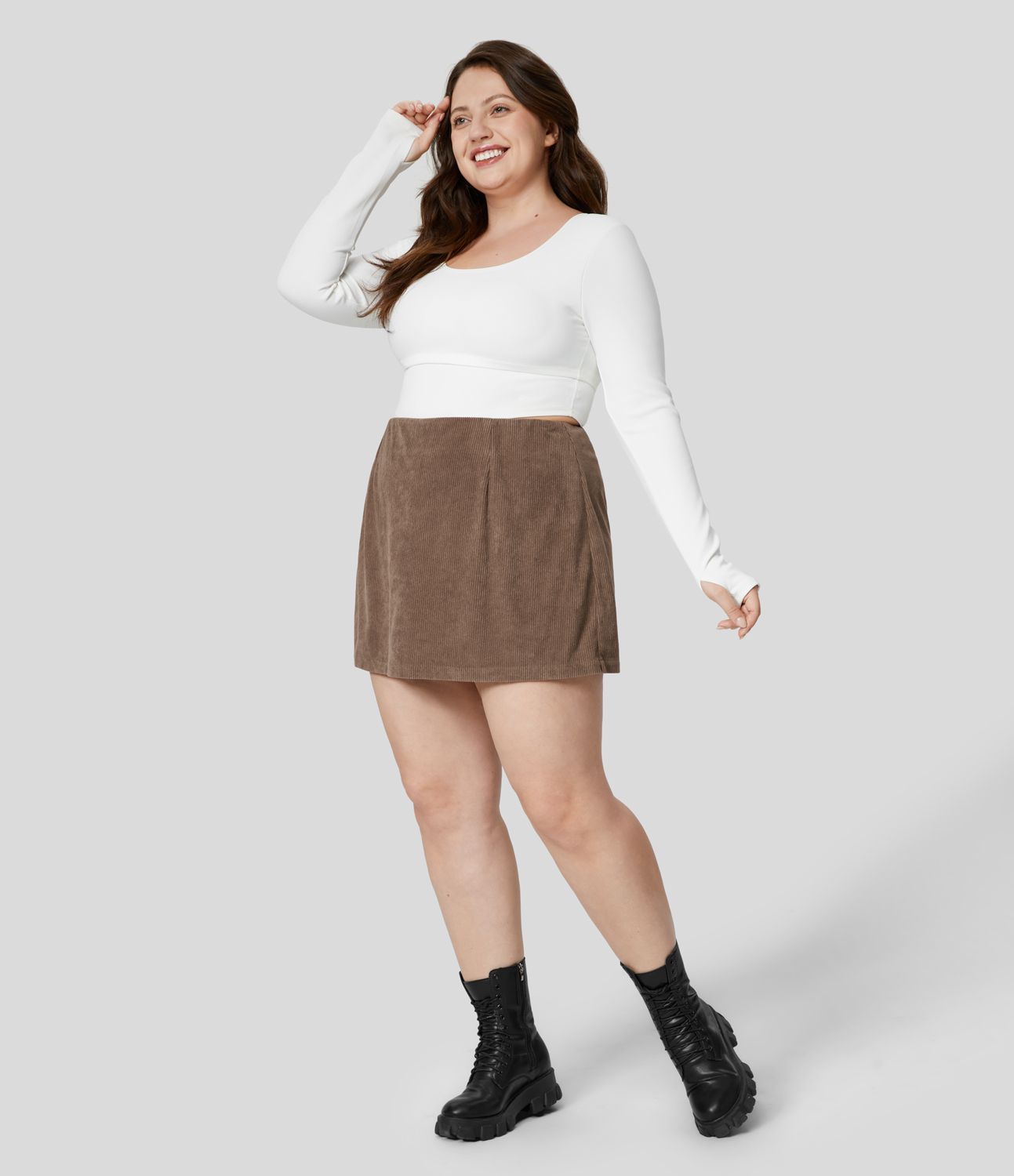 High Waisted 2-in-1 A Line Mini Corduroy Casual Plus Size Skirt