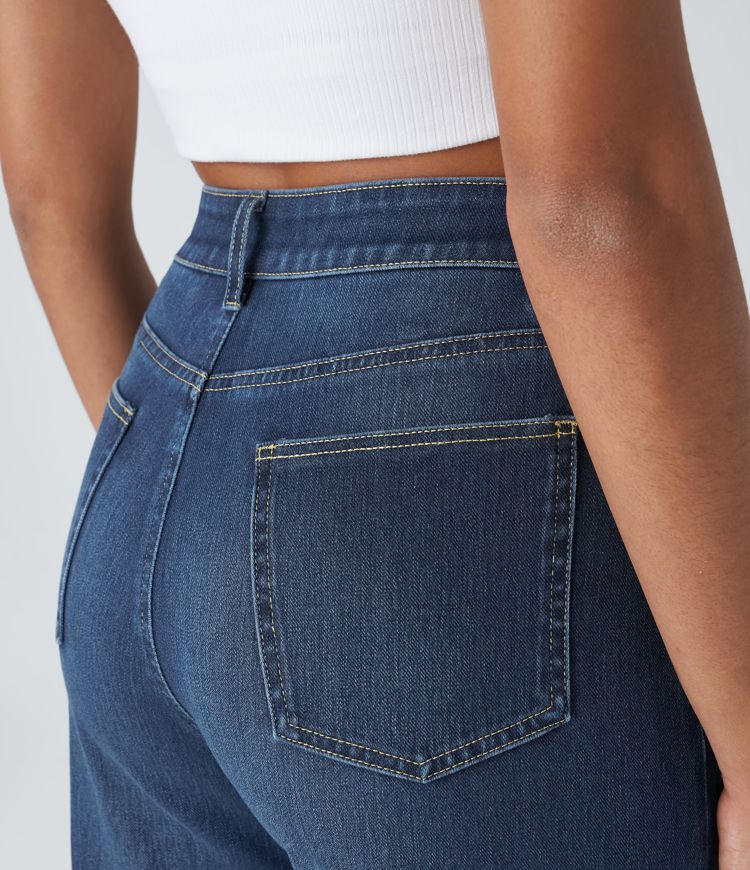 Halara Flex™ High Waisted Pockets Rolled Hem Wide Leg Washed Casual Jeans