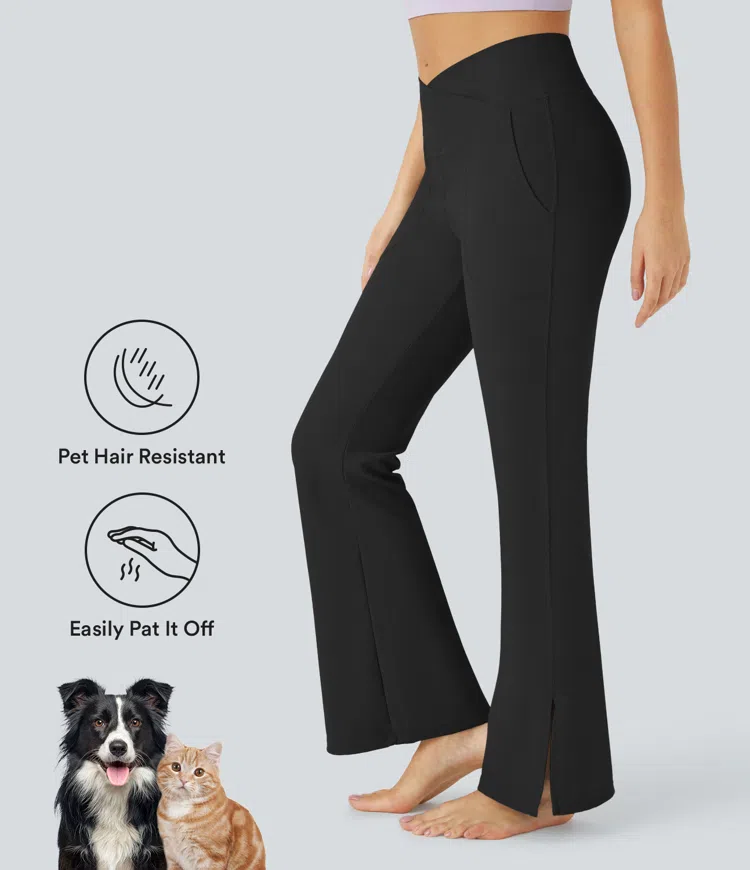 Patitoff® Pet Hair Prevention Crossover Pocket Split Hem Yoga Flare Leggings - Smile