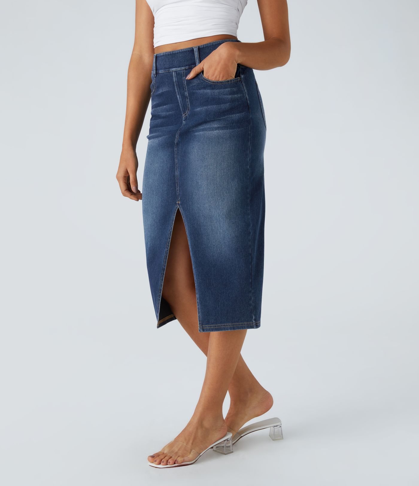 Halara Flex™ High Waisted Pockets Bodycon Washed Denim Women Long Casual Midi Skirt