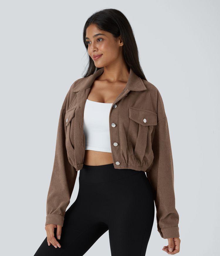 Pocket Cropped Corduroy Casual Jacket
