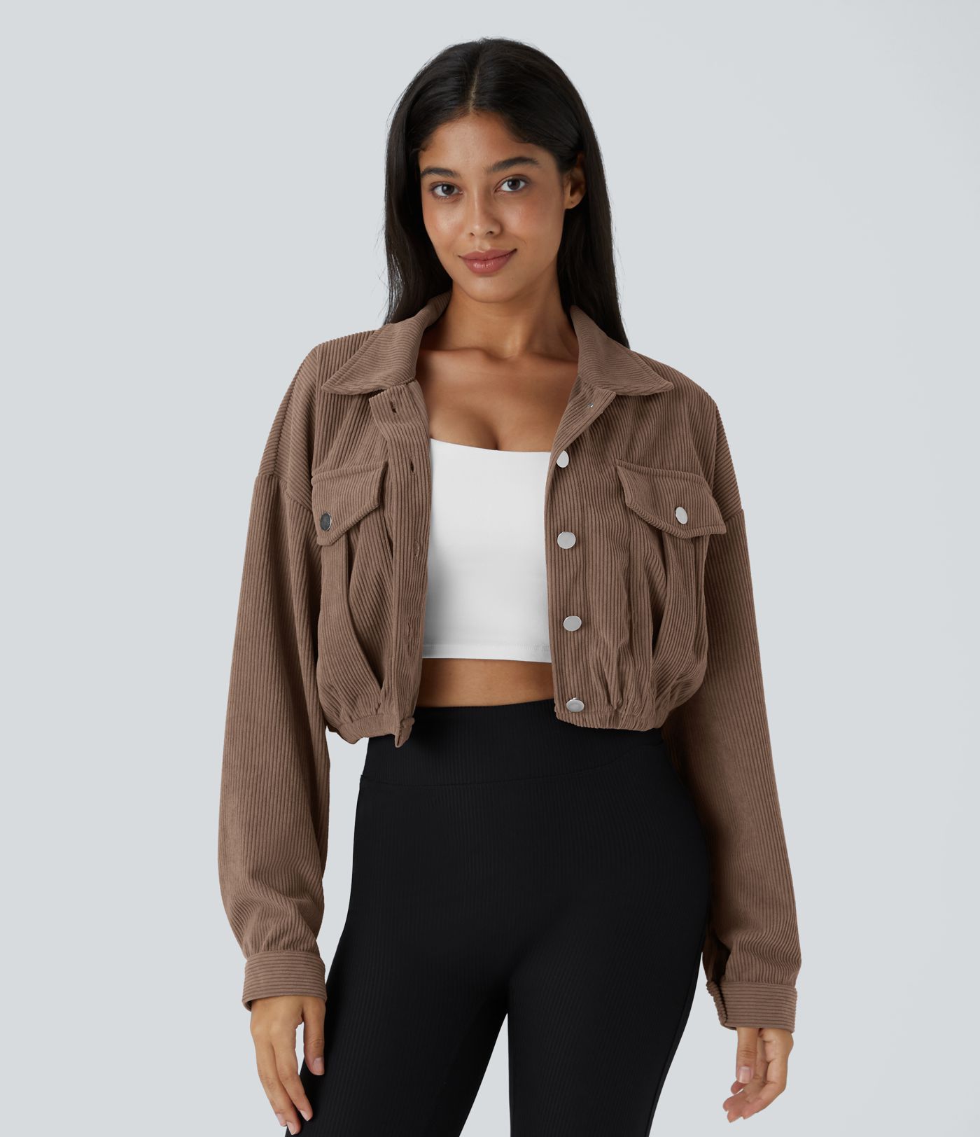 Pocket Cropped Corduroy Casual Jacket