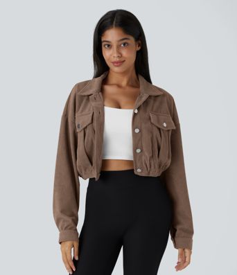 Pocket Cropped Corduroy Casual Jacket