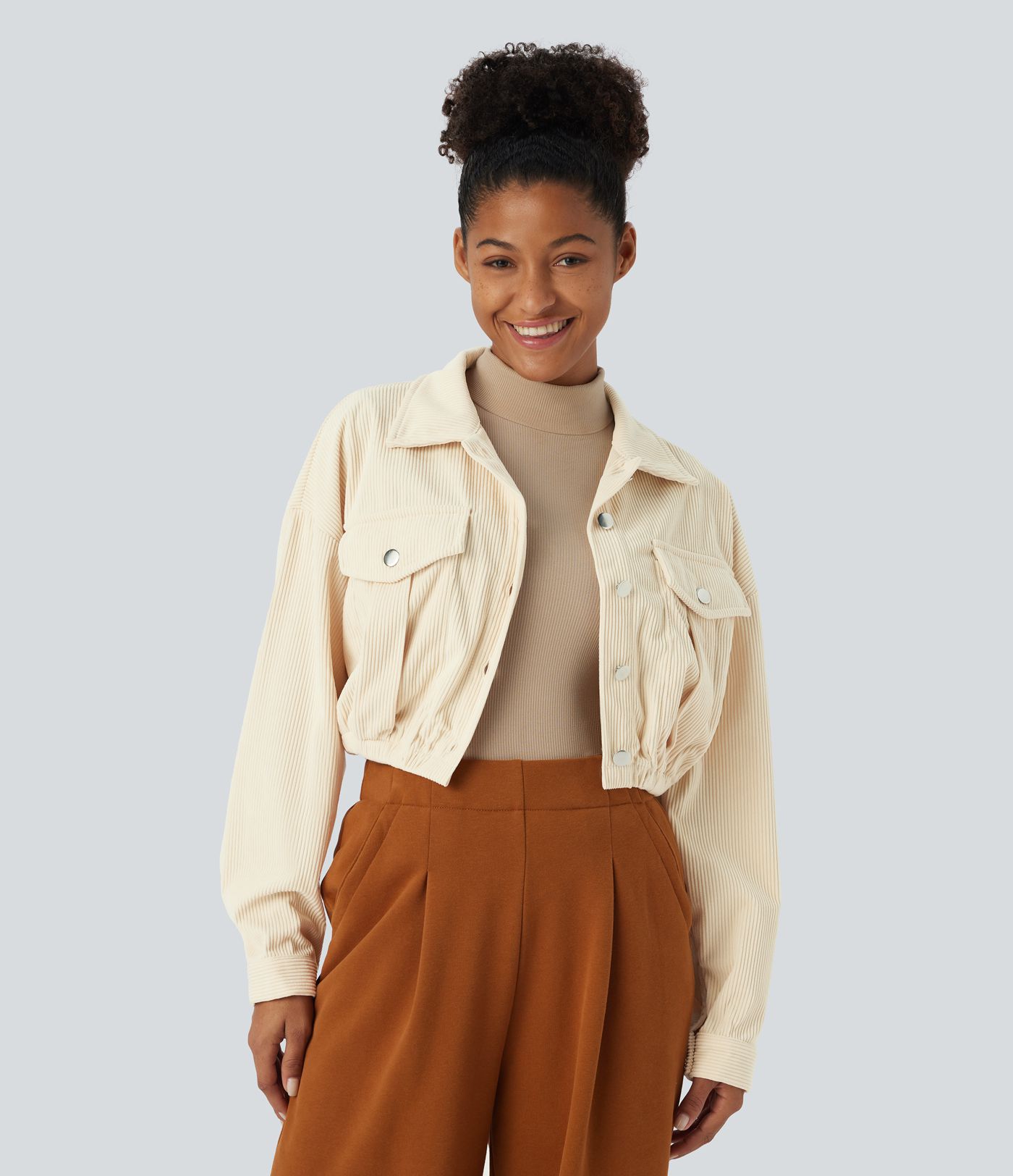 Pocket Cropped Corduroy Casual Jacket