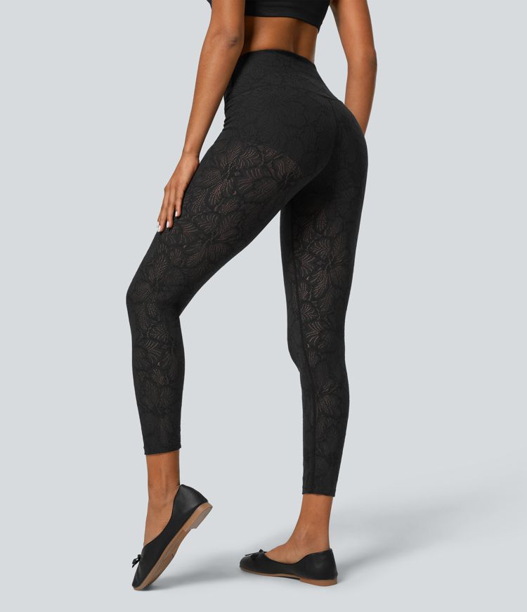 Legging Casual 7/8 en Dentelle à Taille Haute Croisée 2 en 1