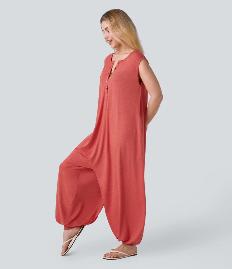 Henley Neck Sleeveless Pocket Relax Harem Jumpsuit