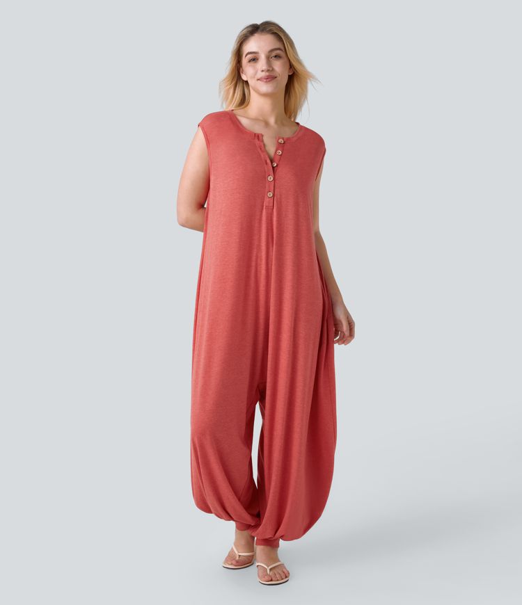 Henley Neck Sleeveless Pocket Relax Harem Jumpsuit