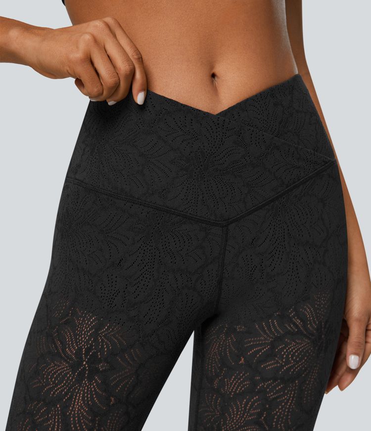 Legging Casual 7/8 en Dentelle à Taille Haute Croisée 2 en 1