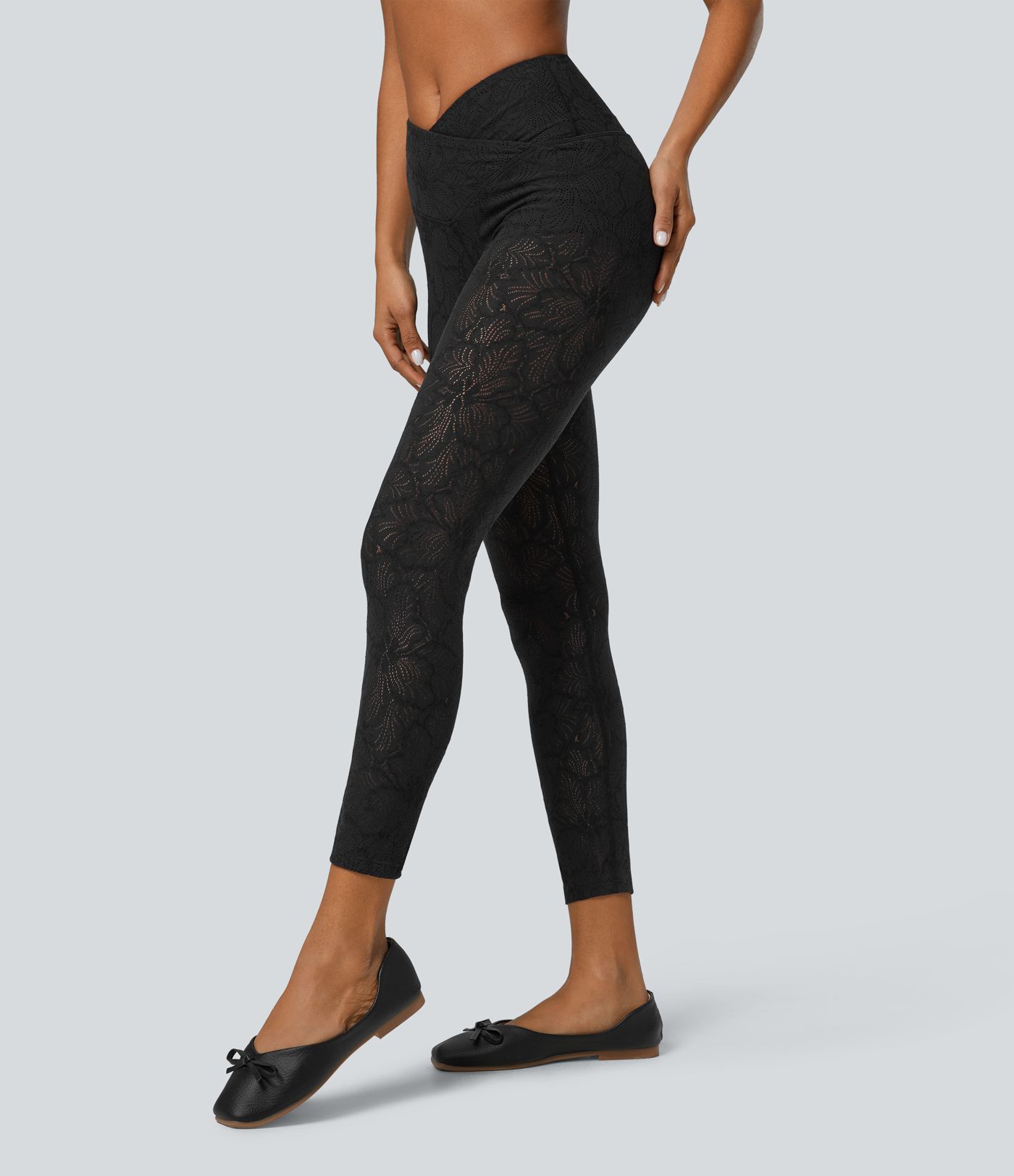Legging Casual 7/8 en Dentelle à Taille Haute Croisée 2 en 1