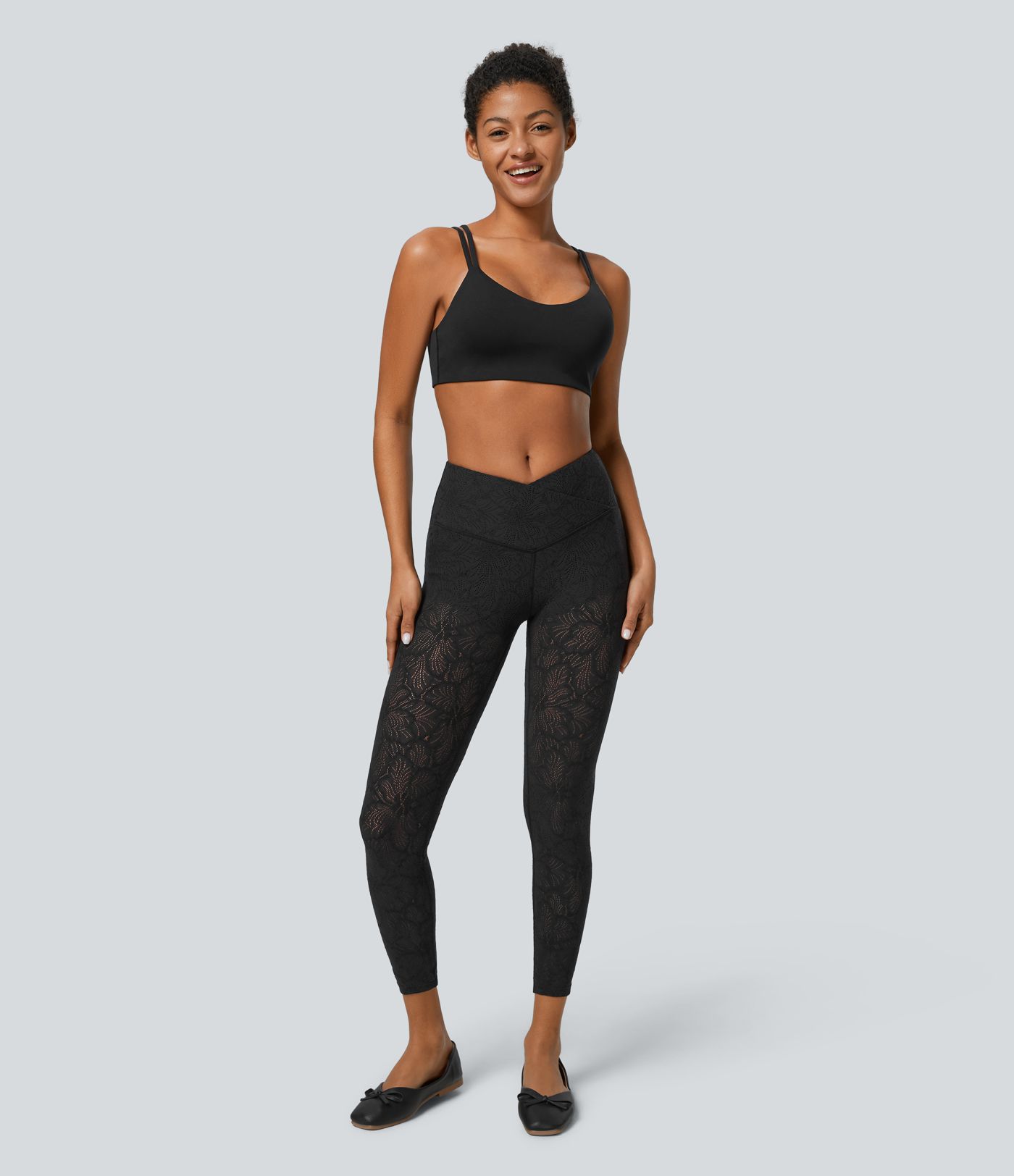 Legging Casual 7/8 en Dentelle à Taille Haute Croisée 2 en 1