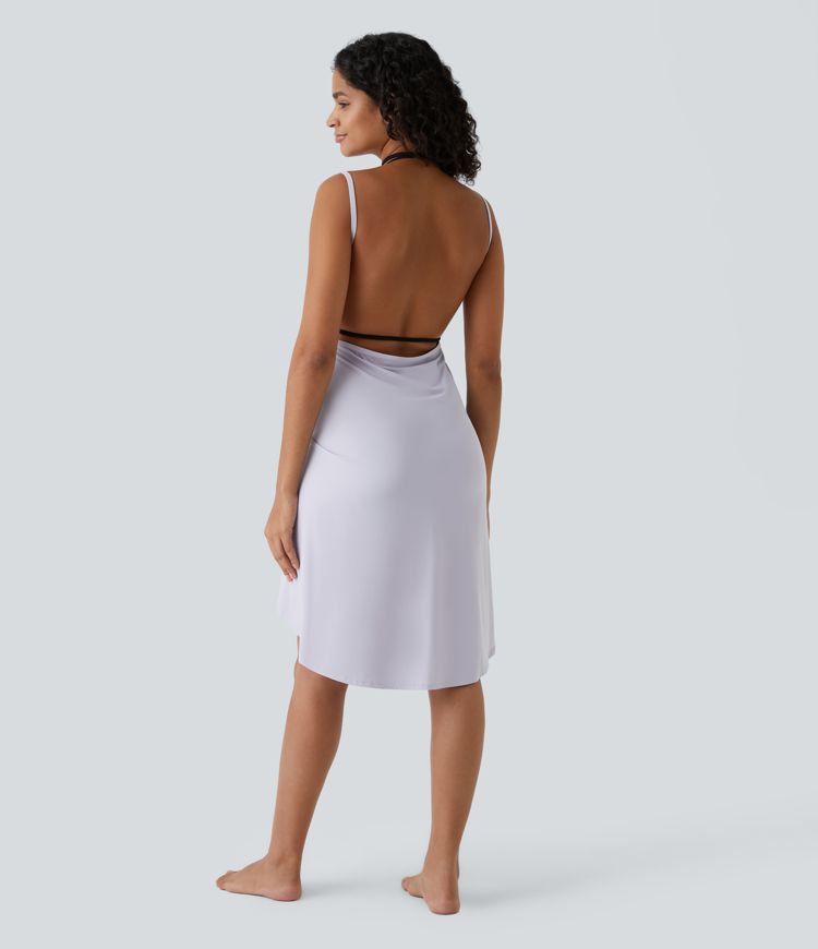 Spaghetti Strap Crossover Backless Cover Up Wrap Cool Touch Resort Dress-UPF50+