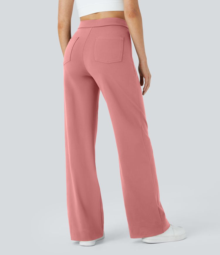 High Waisted Pockets Straight Leg Casual Pants