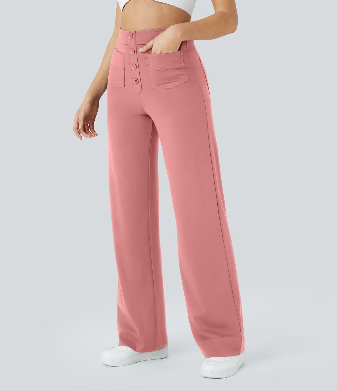 High Waisted Pockets Straight Leg Casual Trousers