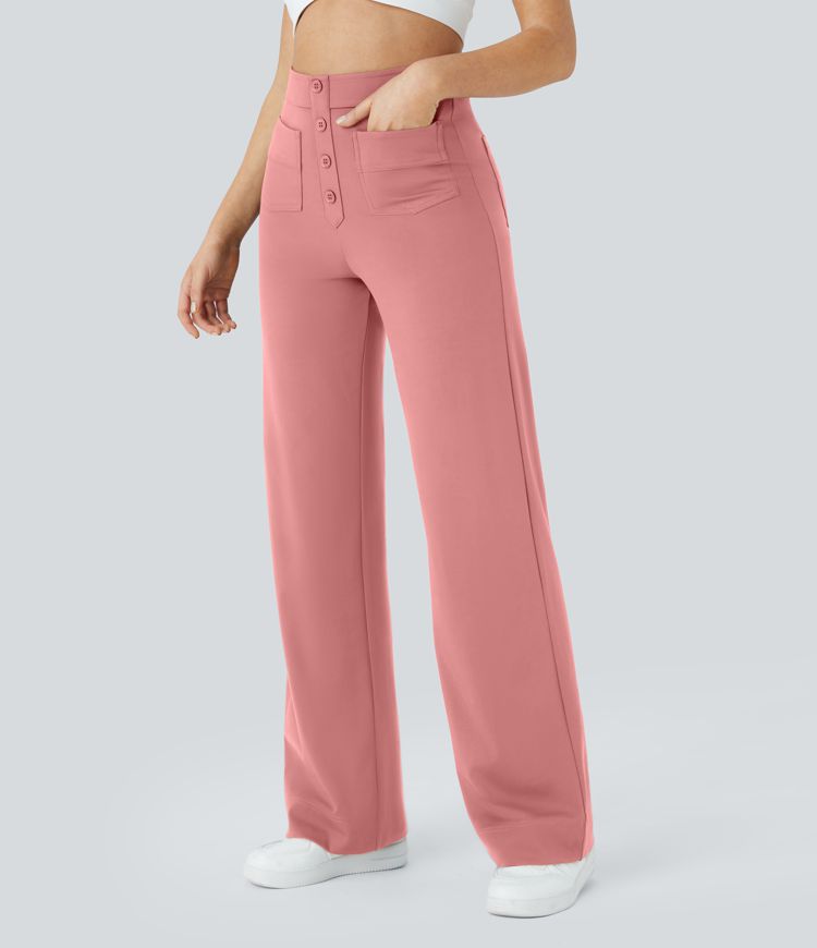 High Waisted Pockets Straight Leg Casual Pants