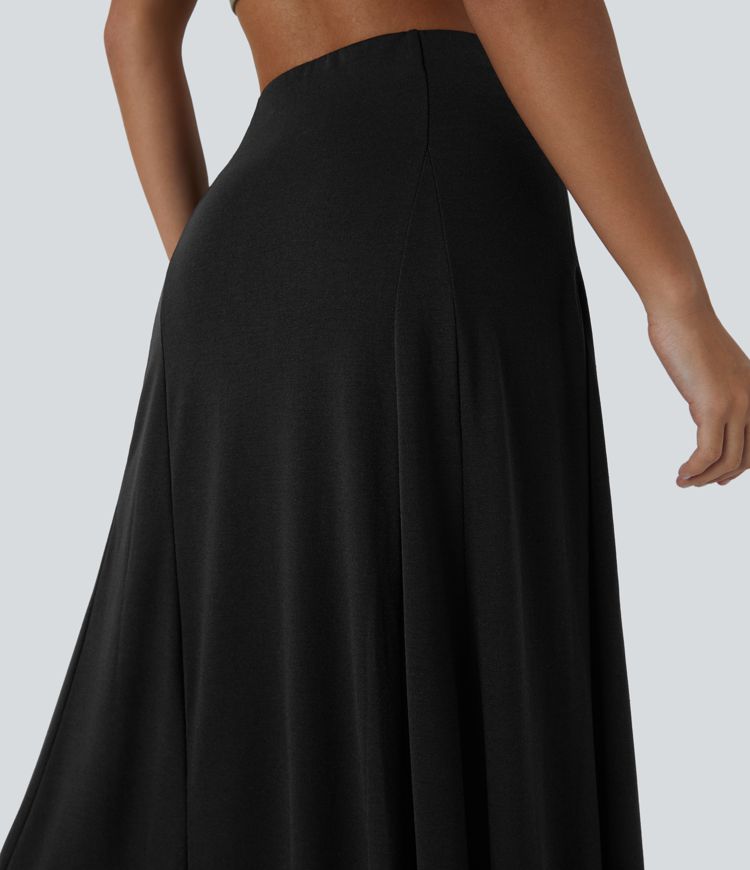 High Waisted Side Zipper Maxi Casual Flare Skirt