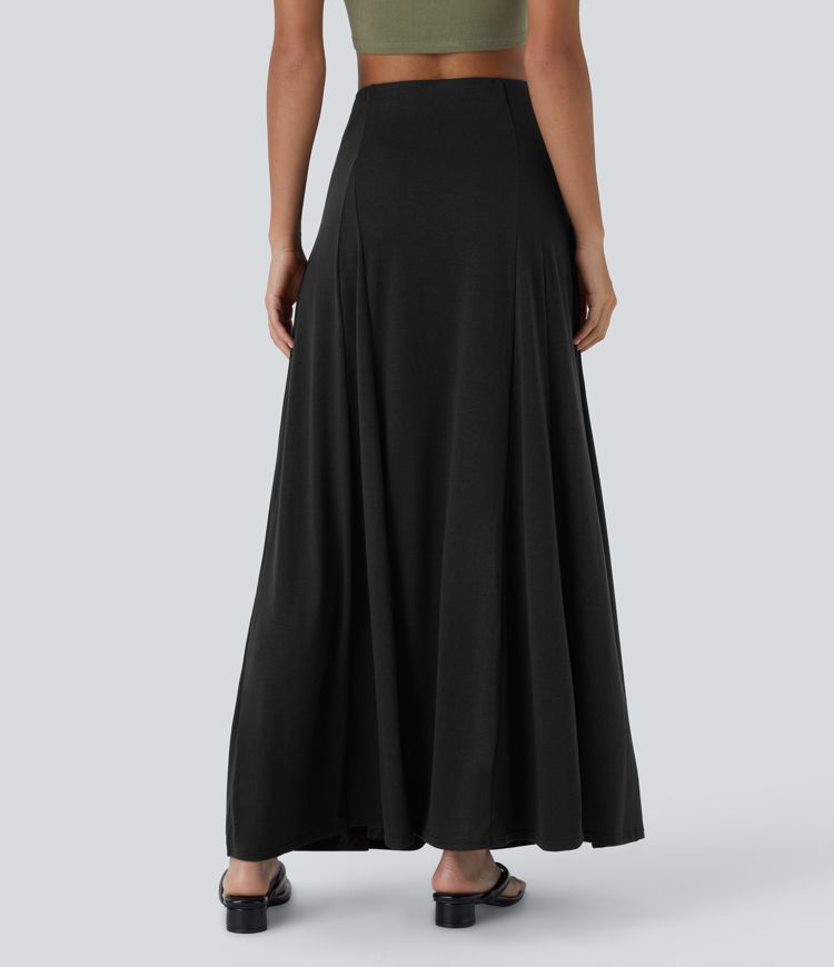 High Waisted Side Zipper Maxi Casual Flare Skirt
