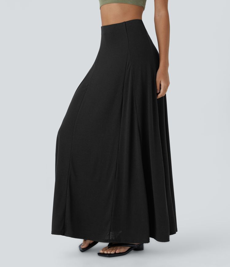 High Waisted Side Zipper Maxi Casual Flare Skirt