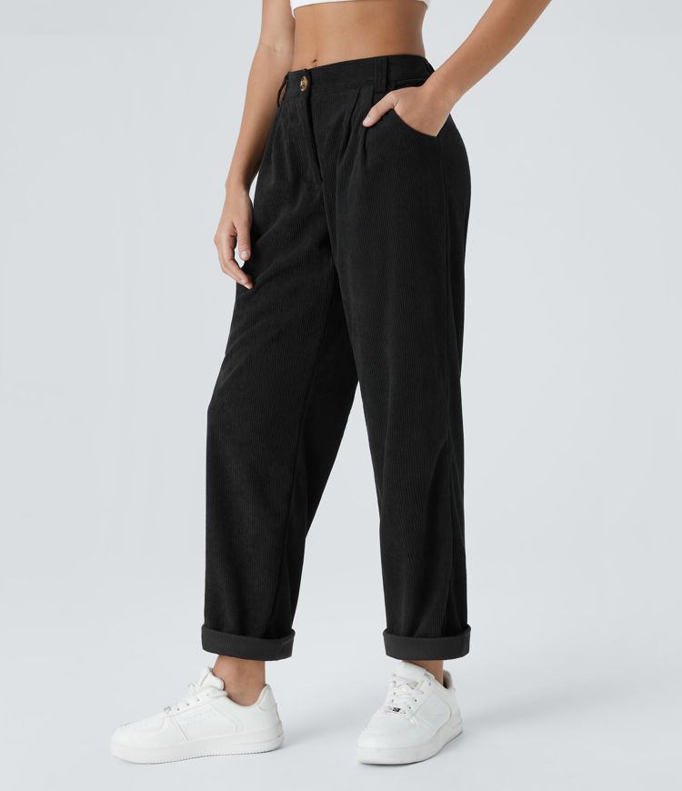 Mid Rise Button Zipper Side Pocket Corduroy Casual Pants