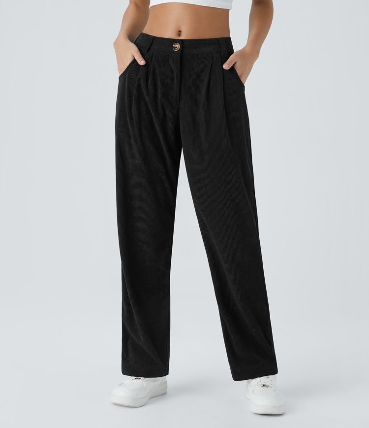 Mid Rise Button Zipper Side Pocket Corduroy Casual Pants