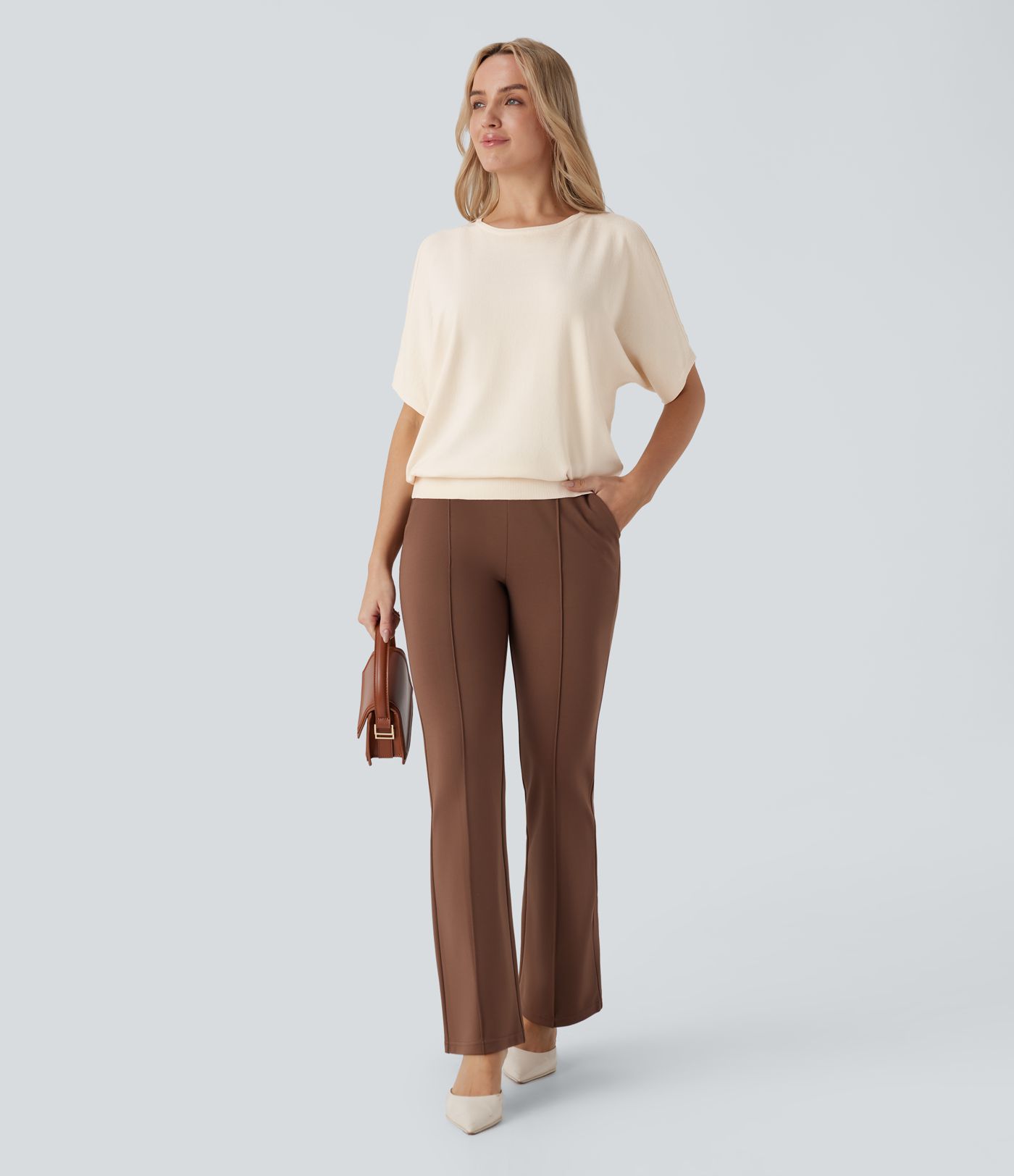 Round Neck Cold Shoulder Short Sleeve Work Sweater