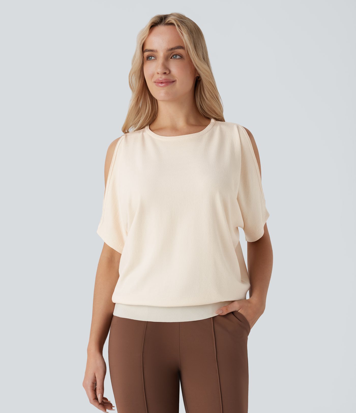 Round Neck Cold Shoulder Short Sleeve Work Sweater