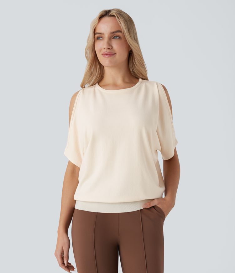 Round Neck Cold Shoulder Short Sleeve Work Sweater