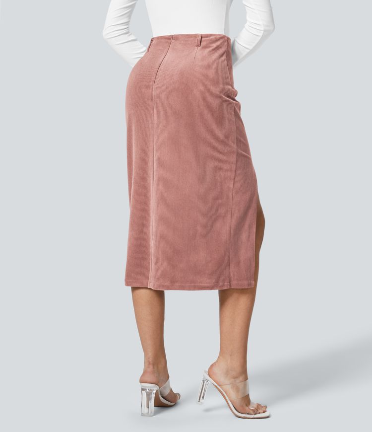 High Waisted Invisible Zipper Split Hem Midi Corduroy Casual Skirt