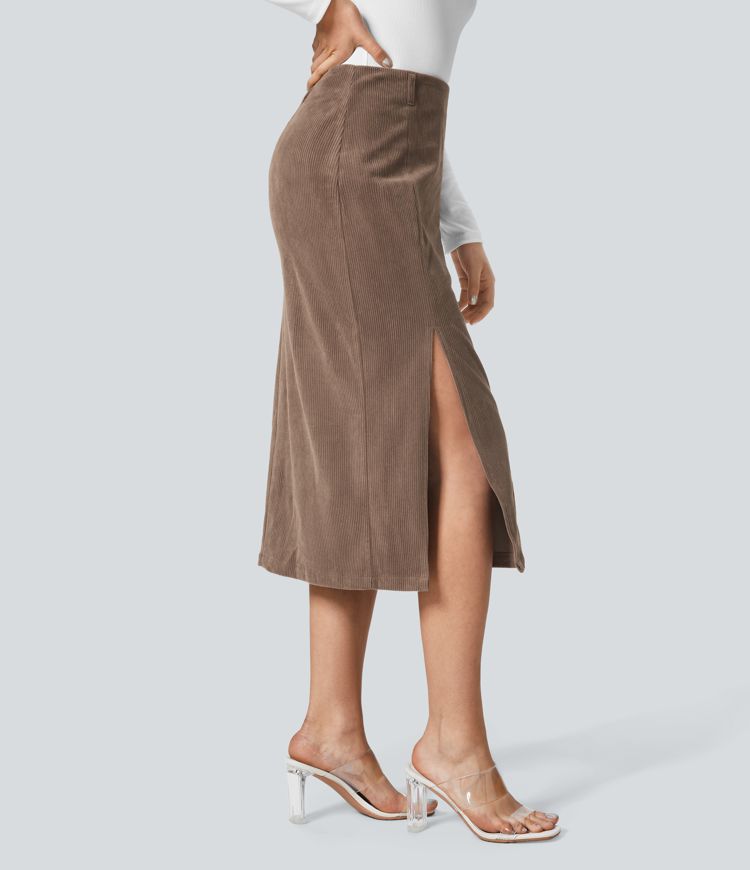 High Waisted Hem Midi Corduroy Casual Skirt