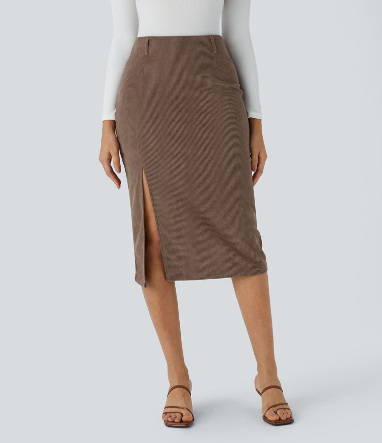 Jupe Casual en Velours Côtelé Mi-longue Taille Haute Fermeture Éclair Invisible et Fente fendue
