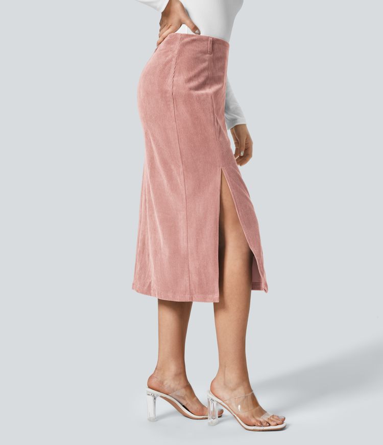 High Waisted Invisible Zipper Split Hem Midi Corduroy Casual Skirt