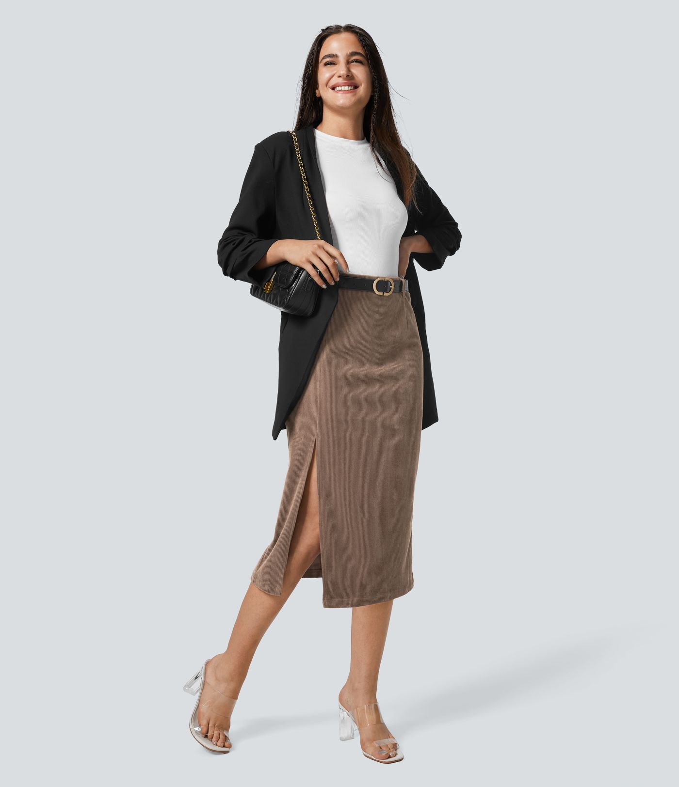 Falda de pana midi con abertura y tiro alto con cremallera invisible