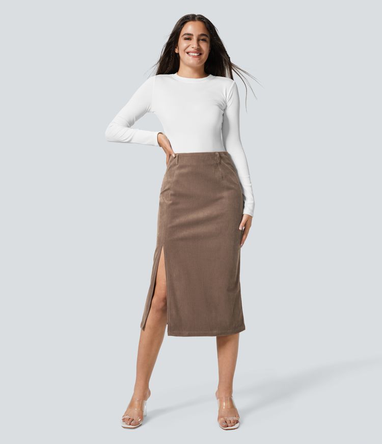 High Waisted Hem Midi Corduroy Casual Skirt