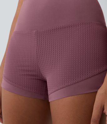 High Waisted Mesh Back Waistband Pocket 2-in-1 Casual Shorts 2"
