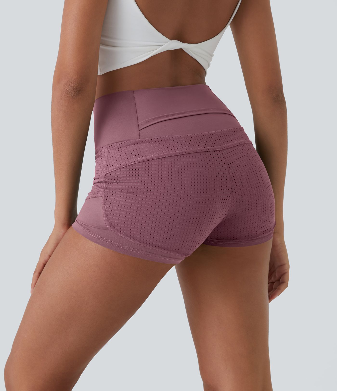 High Waisted Mesh Back Waistband Pocket 2-in-1 Casual Shorts 2"