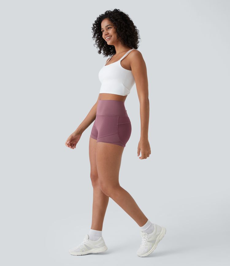 High Waisted Mesh Back Waistband Pocket 2-in-1 Casual Shorts 2"