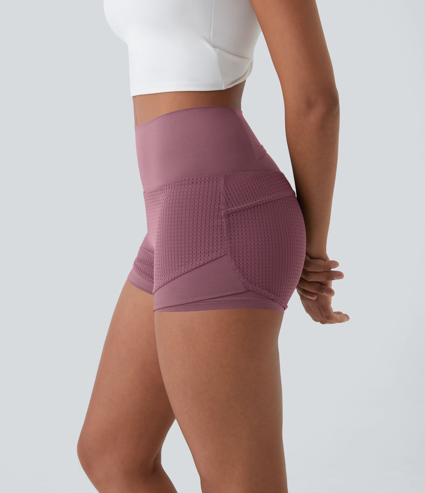 High Waisted Mesh Back Waistband Pocket 2-in-1 Casual Shorts 2"