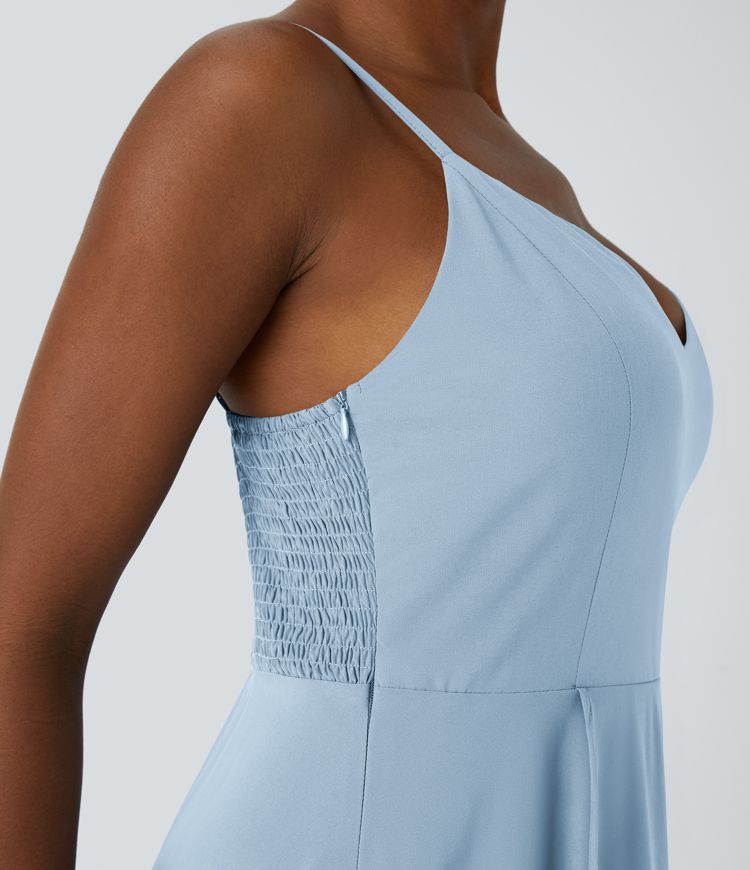 Breezeful™ Adjustable Strap Backless Shirred Invisible Zipper High Low Flowy Quick Dry Maxi Slip Resort Dress