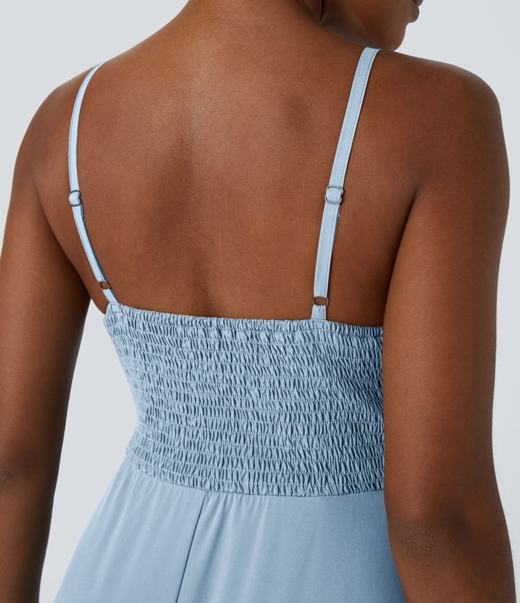 Breezeful™ Adjustable Strap Backless Shirred Invisible Zipper High Low Flowy Quick Dry Maxi Slip Resort Dress