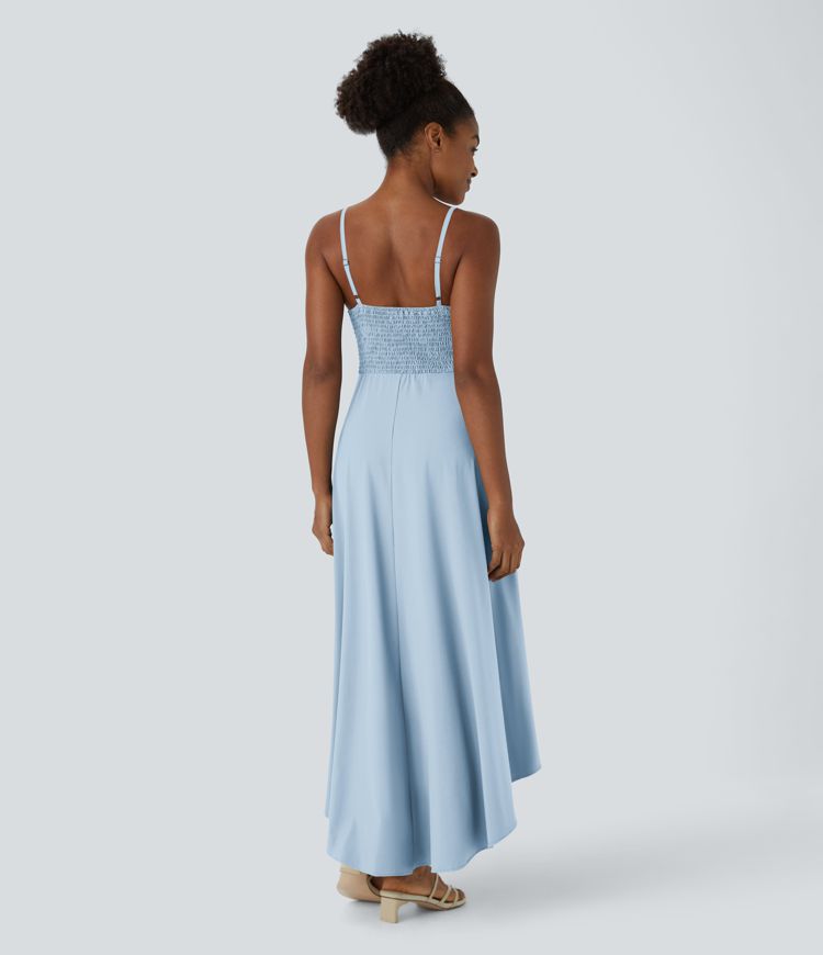Breezeful™ Adjustable Strap Backless Shirred Invisible Zipper High Low Flowy Quick Dry Maxi Slip Resort Dress