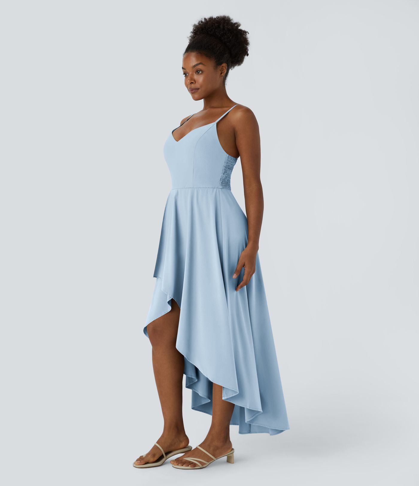 Breezeful™ Adjustable Strap Backless Shirred Invisible Zipper High Low Flowy Quick Dry Maxi Slip Resort Dress