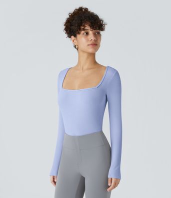 Ribbed Knit Square Neck Long Sleeve Skinny Casual Bodysuit