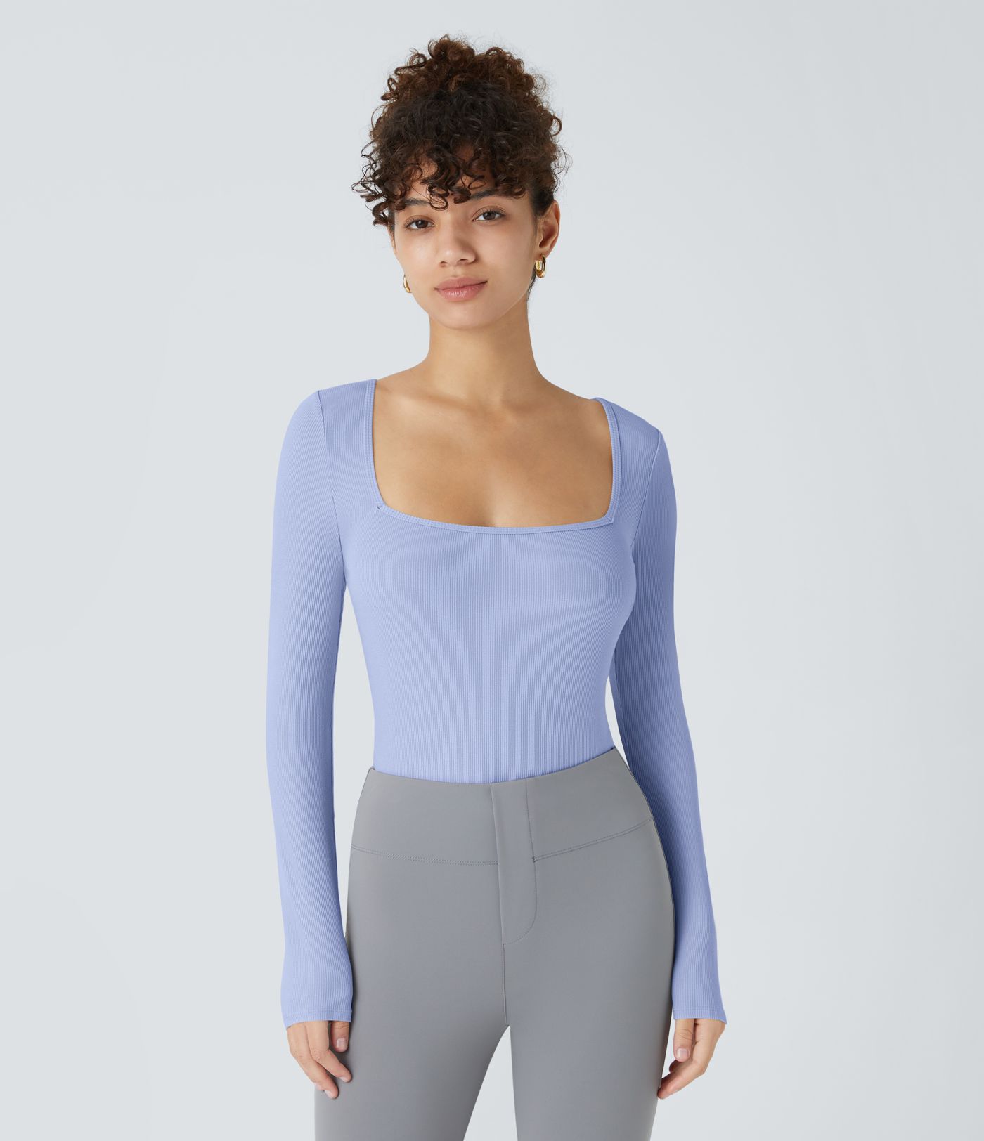 Ribbed Knit Square Neck Long Sleeve Skinny Casual Bodysuit