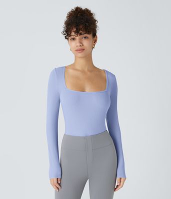 Ribbed Knit Square Neck Long Sleeve Skinny Casual Bodysuit