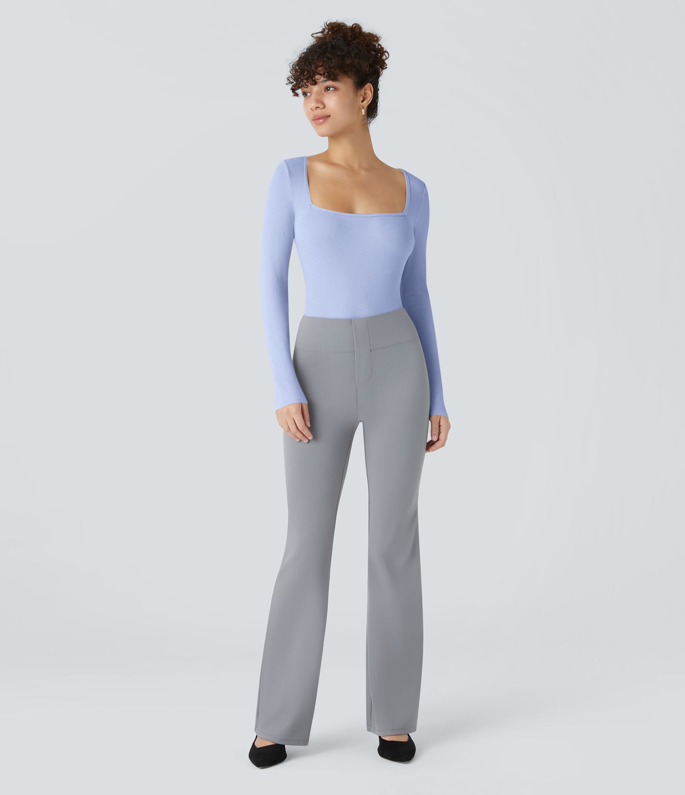 Ribbed Knit Square Neck Long Sleeve Skinny Casual Bodysuit