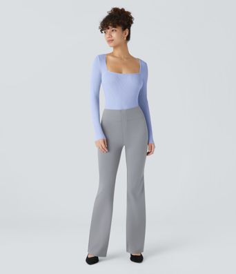 Ribbed Knit Square Neck Long Sleeve Skinny Casual Bodysuit