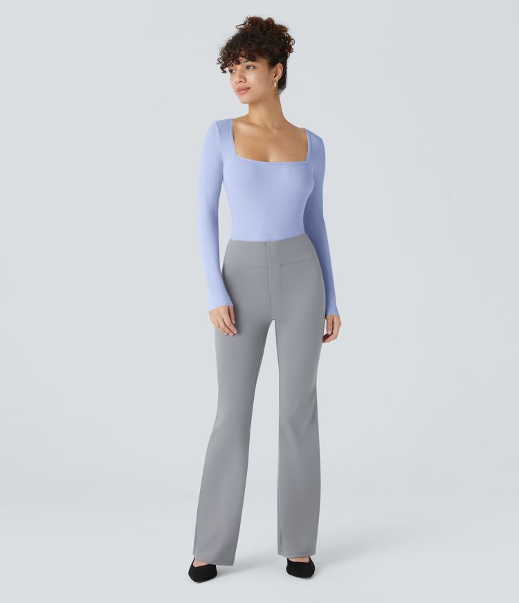 Ribbed Knit Square Neck Long Sleeve Skinny Casual Bodysuit