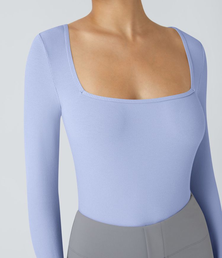 Ribbed Knit Square Neck Long Sleeve Skinny Casual Bodysuit