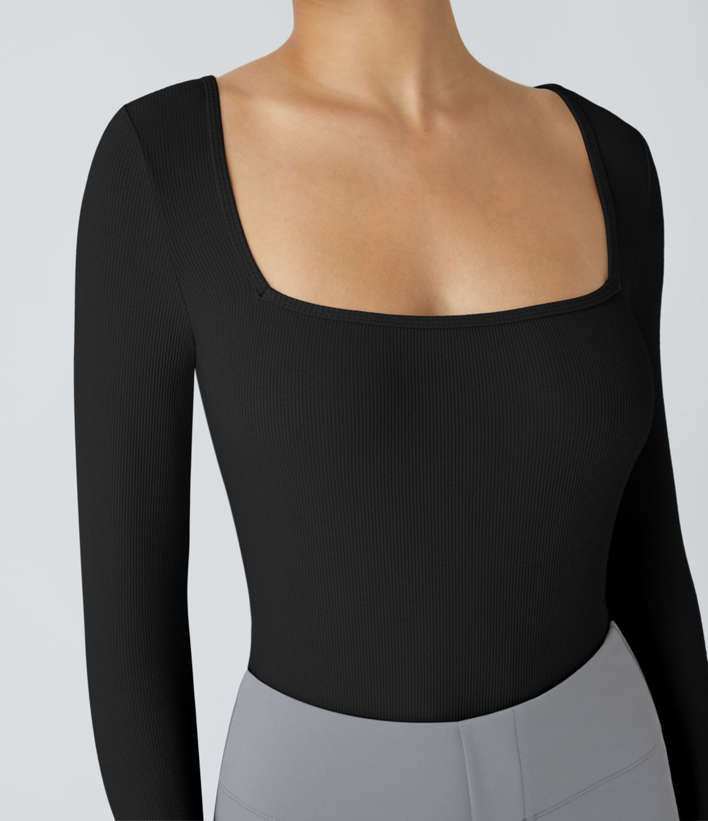 Bodysuit de Travail Tricot Côtelé Col Carré Manches Longues Boutonné Silhouette Élancée