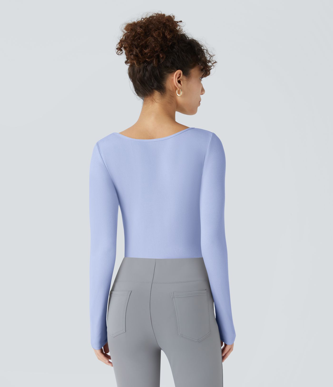 Ribbed Knit Square Neck Long Sleeve Skinny Casual Bodysuit