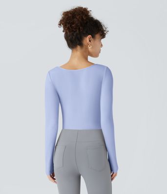 Ribbed Knit Square Neck Long Sleeve Skinny Casual Bodysuit